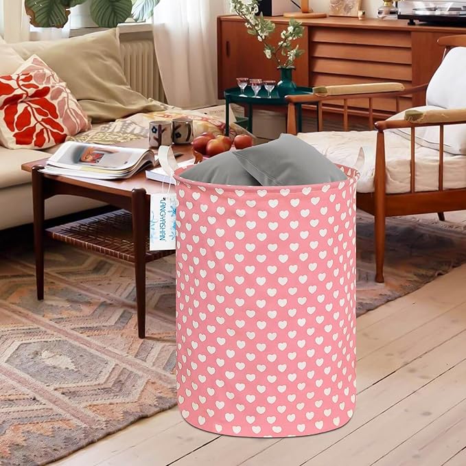 LANGYASHAN Laundry Basket Canvas Fabric Collapsible Organizer Basket for Storage Bin Toy Bins Gift Baskets Bedroom Clothes Children Nursery Hamper (pink heart)