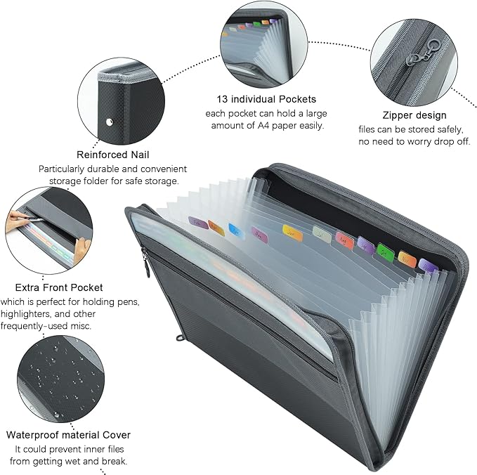 NAFY Expanding File Folders, 13 Pockets Document Organizer with Zipper, A4 Letter Size Portable Accordion Expanding File Folders with Multicolor Labels for Home Office School Supplies (Black 2 Pack)