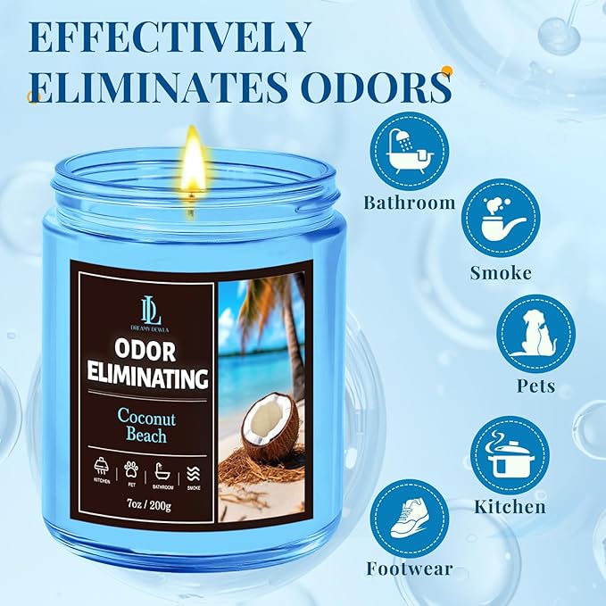 Coconut Beach Odor Eliminating Highly Fragranced Candle, Eliminates 95% of Living Room, Bedroom, Bathroom and Other Smells Quickly, Air Freshing Scented Candles, Soy Candle Gifts for Women Men, 7oz
