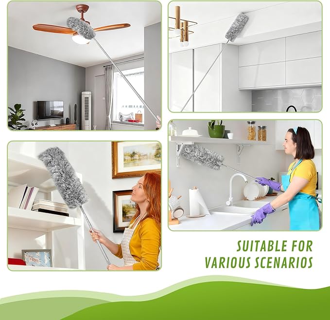 7-Piece Microfiber Feather Duster Set with Extension Pole (16.1" to 100"), Extendable Cobweb & Ceiling Fan Duster for Cleaning Cobweb, Ceiling Fan, Blind, Furniture