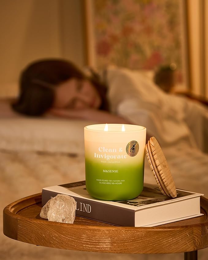 M&SENSE Sage Eucalyptus Scented Candle for Home, 14.1oz 80-Hour Non Toxic Long-Lasting Natural Soy Wax Fragrance, 2 Wick Summer Scented Aromatherapy Candle for Relaxing Stress Relief Meditation Yoga