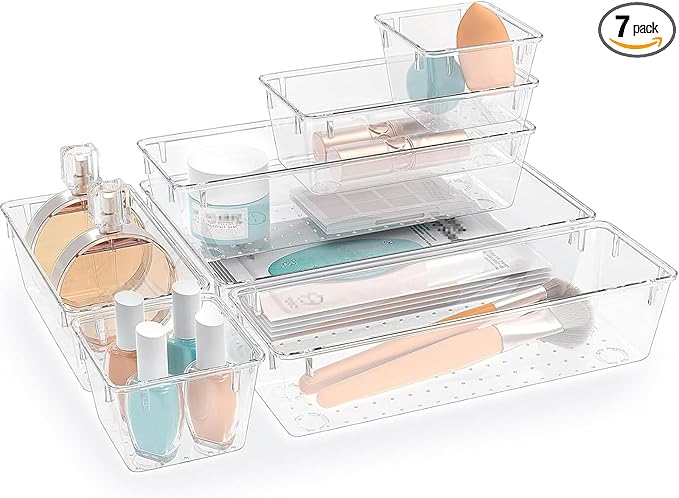 StorMiracle 7 PCS Clear Plastic Drawer Organizers Set, 4 Size Desk Drawer Organizer Trays for Makeup, Jewelry, Kitchen Utensils, Gadgets and Office Accessories