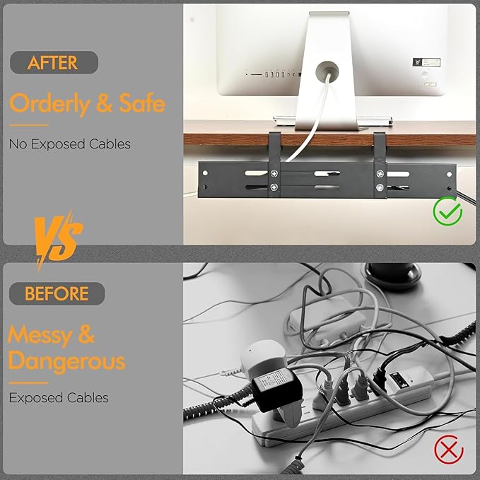No Drill Under Desk Cable Management Tray, 17”-30” Retractable Cord Organizer for Table, Clamp Mount Wire Basket, Power Strip Holder & Metal Cord Organizer for Office, Home