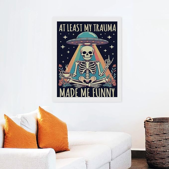 KIVJMSIDJA Diamond Art Kits for Adults Skull Skeleton “At Least My Trauma Made Me Funny” DIY Round Diamond Art for Home Wall Decor & Crafts Gifts 16"x20"