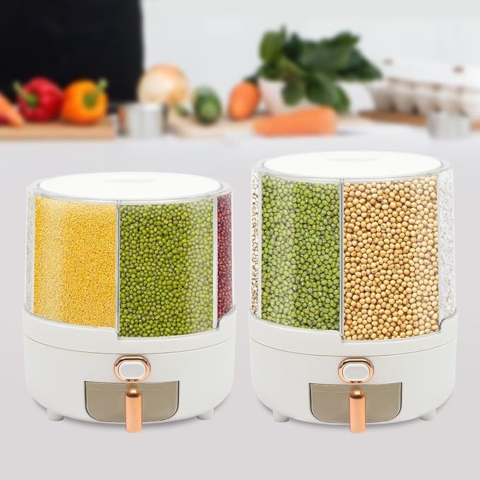 14.33lbs Grain Storage Container Dispenser - 6 Grid 360 Rotating Dry Grain and Cereal Dispenser with Lid for Store Rice, Beans