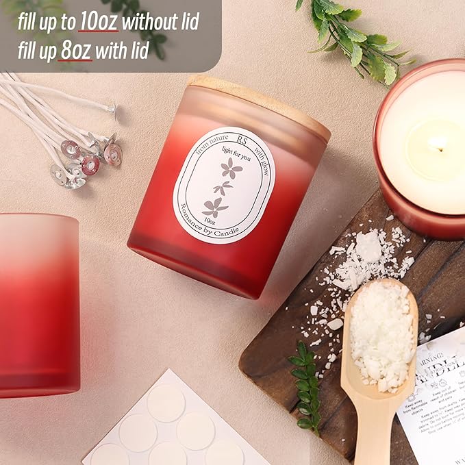 REISEN 12Pcs Gradient Red Candle Jars for Making Candles, 10oz Glass Jars with Bamboo Lids, Candle Wick Kit and Sticky Warning Labels, Candle Containers Vessels for DIY Gifts