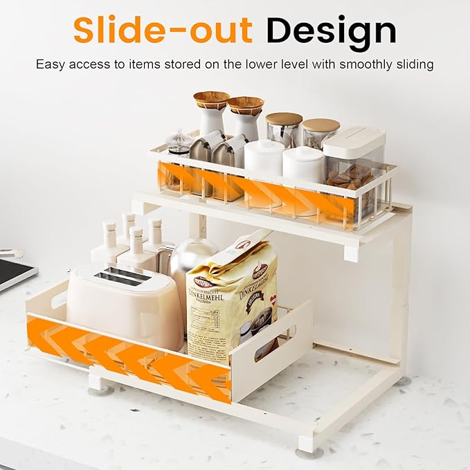 Under Sink Organizer, Heavy Duty Metal Pull Out Cabinet Organizer Slide Out Sink Shelf Organizer Height Adjustable, Multi-Purpose Storage Shelf for Kitchen Bathroom(Sand,1Pack)
