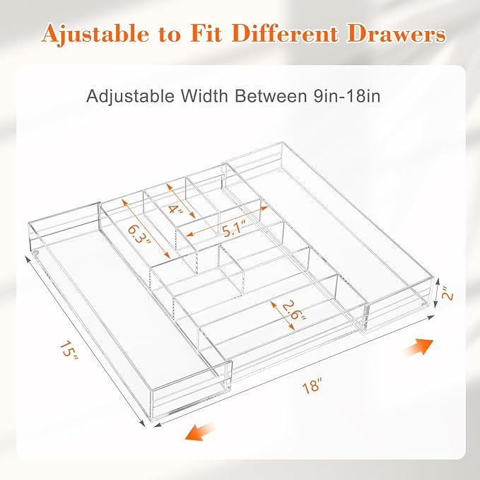Briwooody 1 Pcs Acrylic Desk Drawer Organizer 9'' up to 17'' x 15'' x 2.1'' Expandable Drawer Organizer Trays with 9 Adjustable Compartments Clear Desk Accessories for Makeup Office Bathroom
