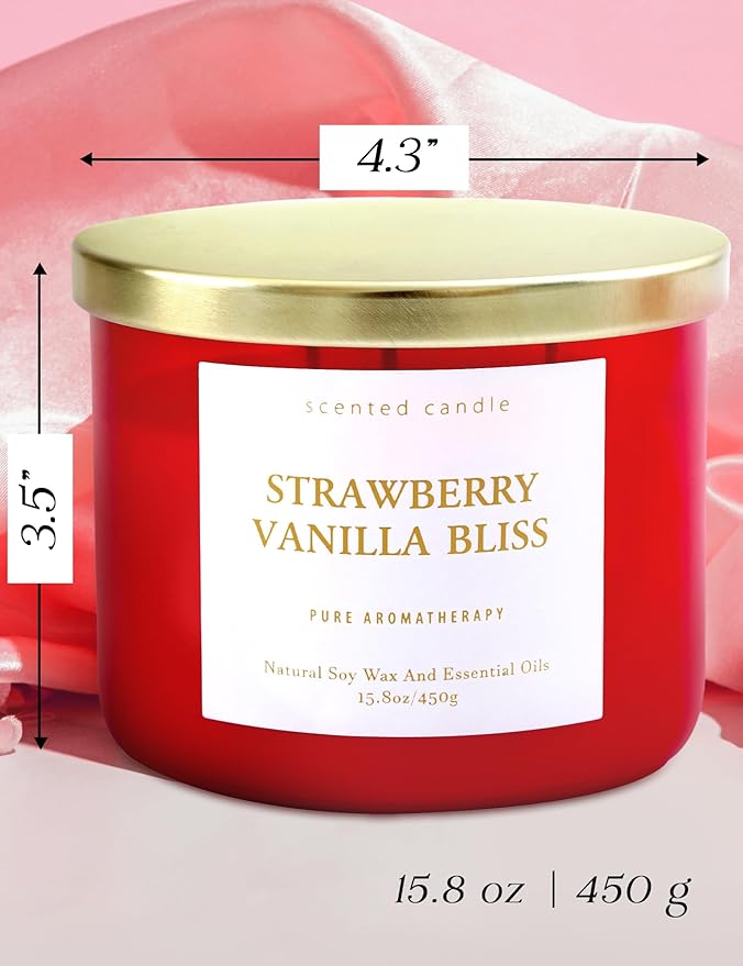Strawberry Vanilla Bliss 3-Wick Soy Scented Candle 15.8 oz | Large Berry Vanilla Candle for Home | Relaxing Aromatherapy Stress Relief Candle | Long-Lasting, Clean Burning Candles Gift for Women & Men