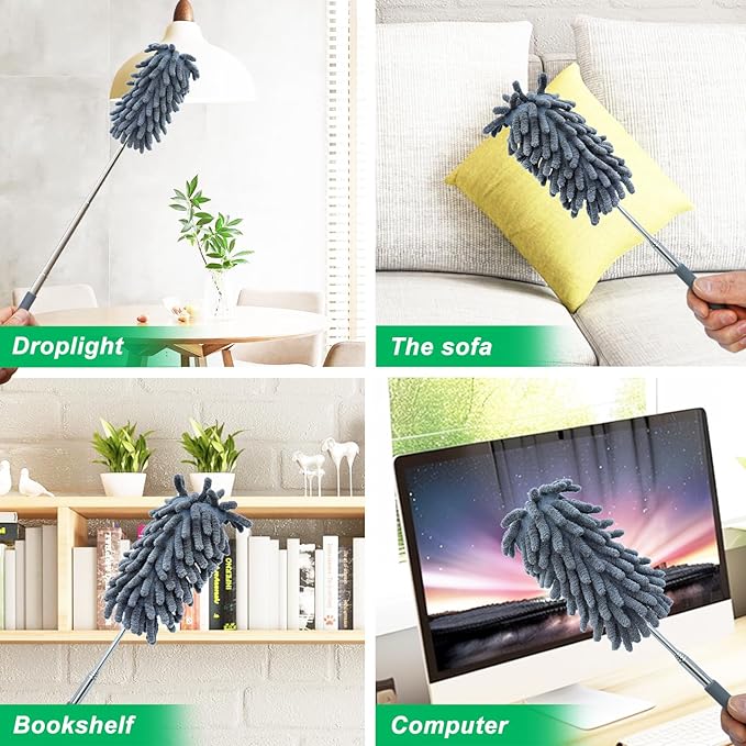 2 Pack Microfiber Duster for Cleaning, Washable Dusters, Extendable Pole, Up to 30 Inch Reachable, Wet and Dry Use Cleaning Tools for Car, Ceiling Fan, Window, Furniture, Office