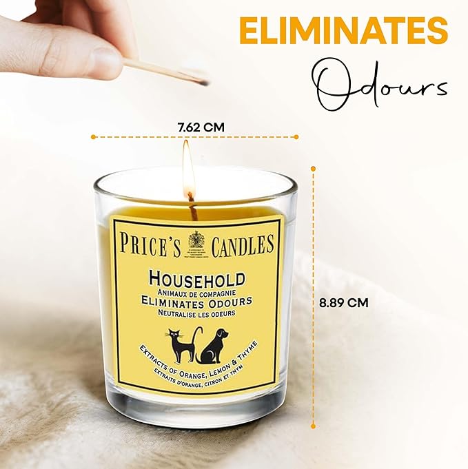 Price's - Household Pet Jar Candle - Odour Eliminating Candle - Made with Orange, Lemon & Thyme Extracts - Clean, Fresh, Quality Fragrance - Long Lasting Scent