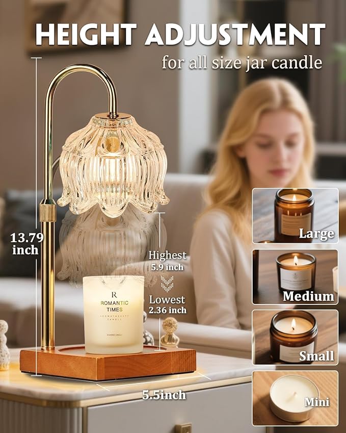 Clear Crystal Candle Warmer Lamp with Timer & Dimmer, Candle Warmer Adjustable Height, Mothers Day Birthday Gifts for Women Mom, House Warming New Home Bedroom Decor, Flower Wax Warmer for Jar Candle