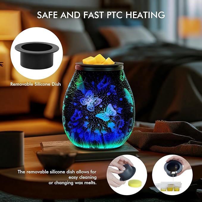 Electric Wax Melts Warmer with Timer-3D Wax Warmer with 7 Colors LED Light, Wax Burner for Scented Wax by PTC Heating, Removable Silicone Dish，Wax Melter for Home & Office Decor Gift (Butterfly-Timer)