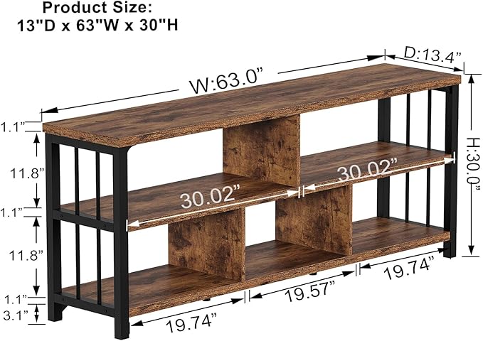 IBF Bookshelf, Farmhouse 63” Long Open Book Shelf, Wood Metal 5 Cube Bookcase for Living Room, Low Horizontal Bookshelf for Bedroom, Wide Cubby Storage Organizer for Home Office, Rustic Brown, 63 Inch