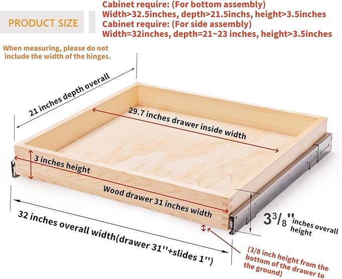 32''W x 21''D x 3''H Pull Out Cabinet Drawer Soft Close Slide Out Wood Organizer for Kitchen, Finished, Bottom and Side Assembly (Wood Drawer Part Width is 31inch)