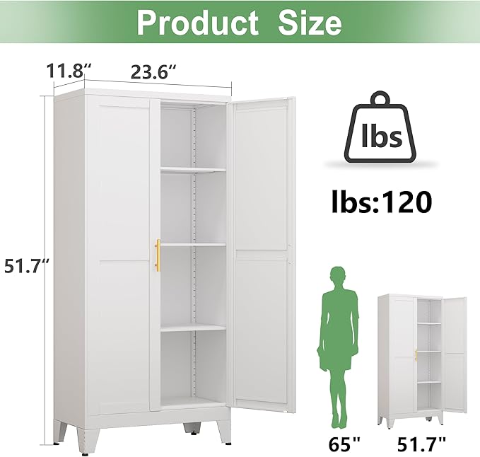 Ckzbx White Metal Cabinets with Doors and Shelves,47.25" H Storage Cabinet White Pantry Cabinet Garage Cabinets for Kitchen,Living Room,Dinning Room