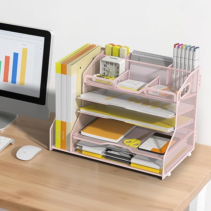 YINGHUA 5 Tier Paper Tray Letter Organizer with Top 6 Adjustable Compartments and File Holder - Paper Sorter Office Desktop Accessories with Handles for Document,Mail,School Supplies Storage,Pink