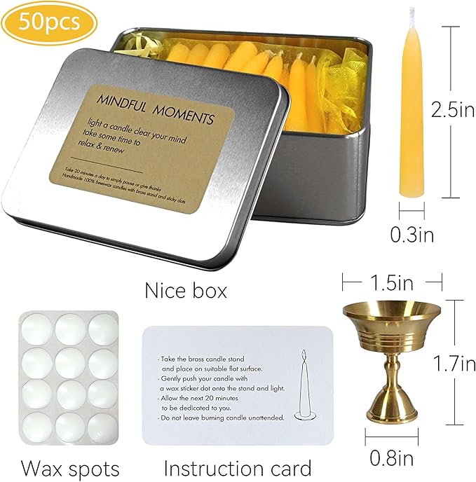 Luxury Beeswax Meditation Candles 20 Min – Mini Pure Beeswax Taper Candles with Brass Holder, Dripless 20 Minute Prayer Candles for Yoga Easter Saint Patrick’s Day, Wedding & Mother’s Day