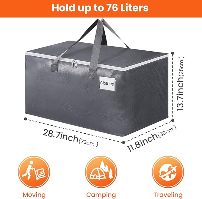 BlissTotes Large Moving Boxes and with Zippers & Handles Moving Supplies with lids, Heavy Duty Totes for Storage Bags for Space Saving, Fold Flat, Moving and Storing 76L, 6 Pack