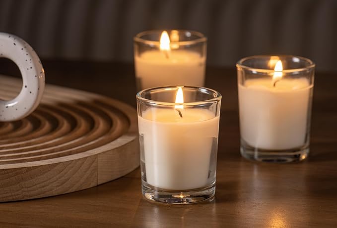 Housecret 36 Pack Warm White Unscented Clear Glass Filled Votive Candles. Hand Poured Wax Candle Ideal Gifts for Aromatherapy Spa Weddings Birthdays Holidays Party