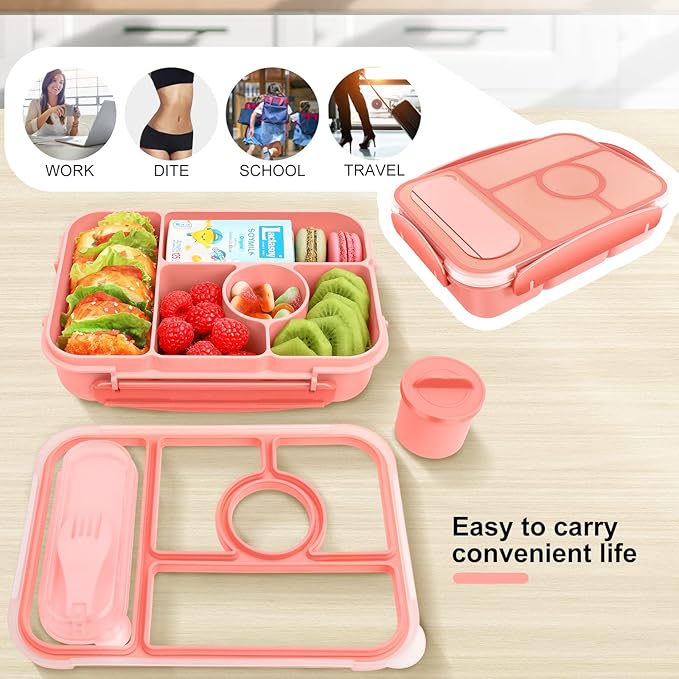 Kids & Adult Bento Lunch Box - 5 Compartment Lunch Containers, Sauce Vontainers, Microwave, Dishwasher & Freezer Safe (Pink)