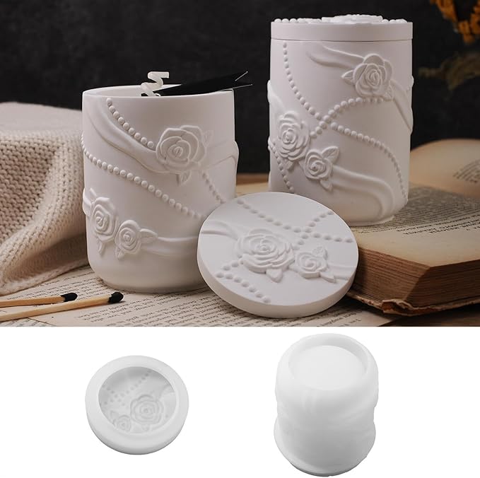 1 Pc Pearl Ribbon Rose Resin Jar Mold with Lid Delicate Cylindrical Flower Pot Candle Mold for Plaster Cement Concrete Epoxy DIY Home Decoration Jewelry Storage Box Candlestick Candy Jar