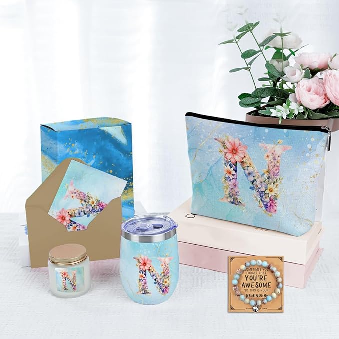 Personalized Gifts Monogrammed Birthday Gifts for Women, Colleague, Leader Mentor Female Farewell Christmas, Initial Wine Tumbler Makeup Bag Scented Candle Bracelet Set, (Aesthetic Blue Flower N)