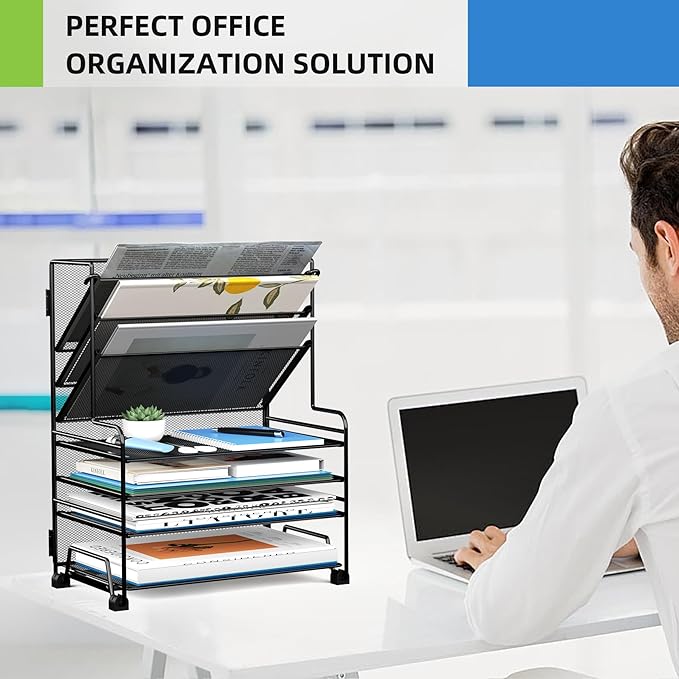 MINDEPOT 4-Tier Paper Organizer + 3-Pocket File Holder + Drawer + Pen Holders, Desktop File Organizers Paper Tray for Office Supplies School Classroom Organization (Black, No Drawer & Pen Holder)