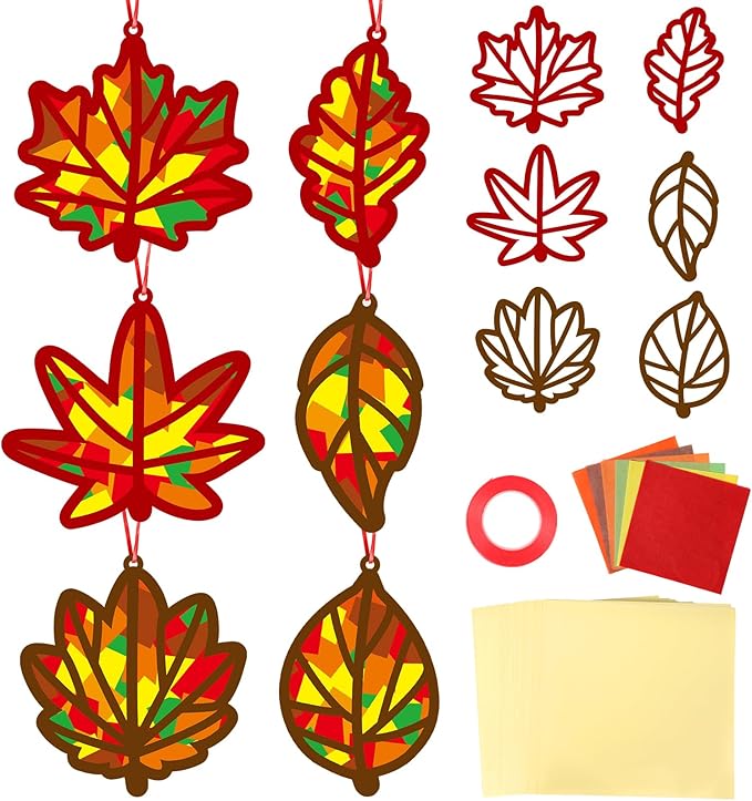 Qyeahkj 36 Set Fall Maple Leaves Suncatchers Crafts for DIY Autumn Window Tissue Paper Crafts Kit Thanksgiving Maple Hanging Decor for Fall Home Activity Art Project Birthday Party Favor Gift