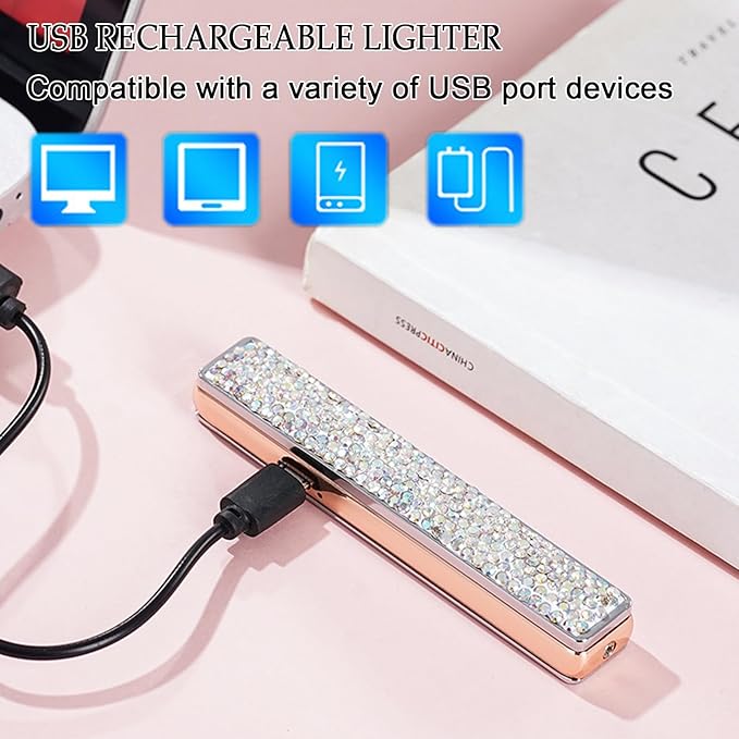 Electric Lighter, Windproof Flameless Bling Lighters - Type-C Rechargeable, Pull-Out Ignition with Thickened Tungsten, Rhinestone Decorative Design, Gift for Women & Girls (Pink)