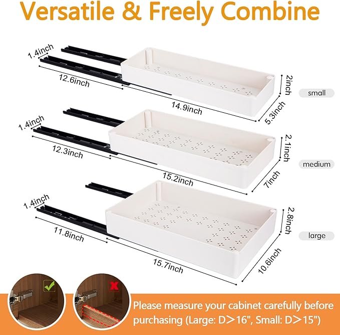 Creahaus 3 Pack Pull Out Drawers for Cabinets with Metal Slides, Easy to Install Cabinet Roll Out Shelves, Smooth Slide Out Drawers for Kitchen Cabinets with Nano Adhesive