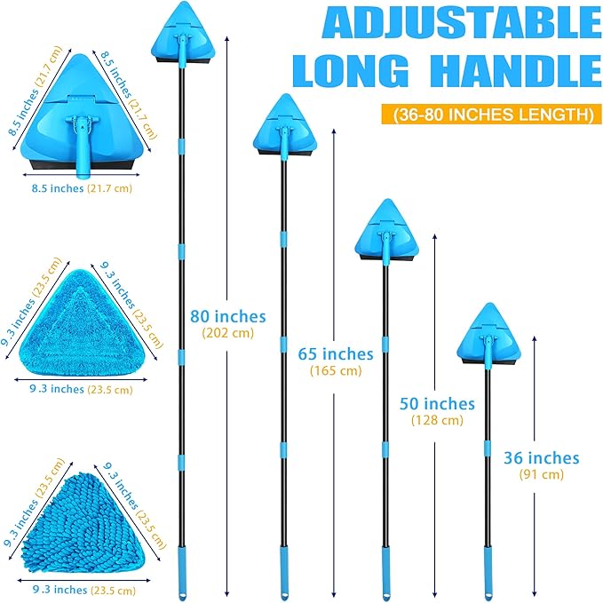 NEWE Wall Mop Cleaner with 80 Inch Long Handle, 180° Folding Ceiling Cleaner with Squeegee, Cabinet Cleaning Tool, Wall Scrubber, Triangle Baseboard Scrubber, 4 Chenille Duster & 2 Microfiber Pads