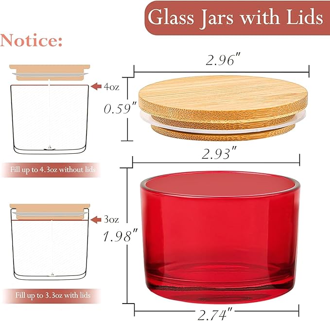 CONNOO 15 Pack 4 OZ Red Glass Candle Jars with Airtight Bamboo Lids for Making Candles, Bulk Small Wide Mouth Empty Candle Containers with Sticky Warning Labels - Dishwasher Safe