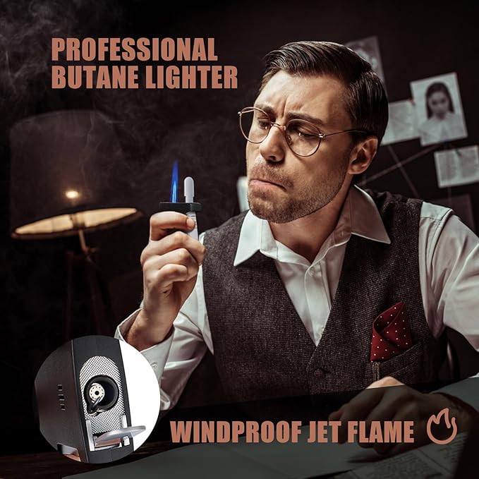 All-in-one Jet Torch Lighter with Built-in V Cutter, Punch, Gas Window, Leather case, Luxurious Gifts for Men, Adjustable Windproof Butane Refillable Cool Lighters for Outdoors, Travel, Candles