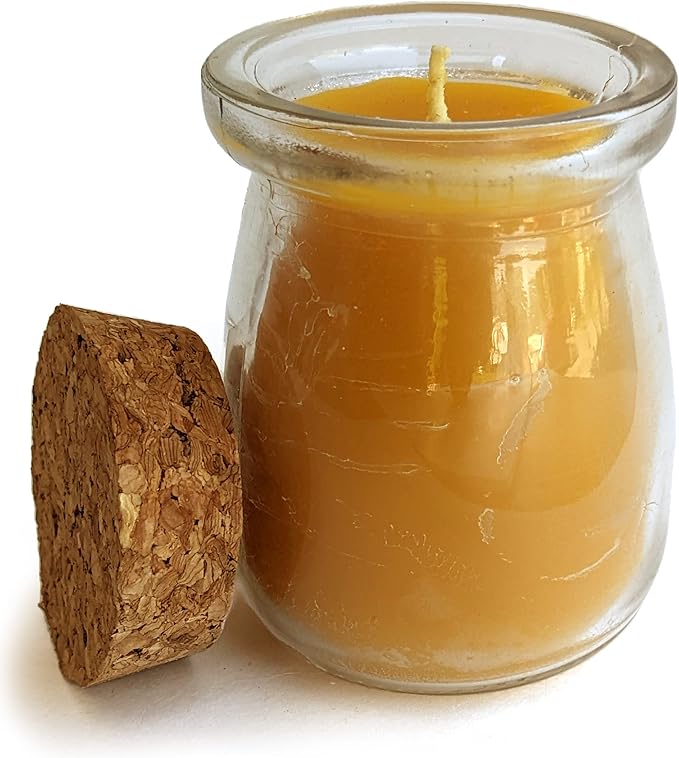 BeeTheLight Beeswax Jar Candle - 100% Pure USA Bees Wax in Glass Container with Cork Lid - Unscented - All Natural Light Honey Scent (3.3 oz w/Cork Lid, Unscented)