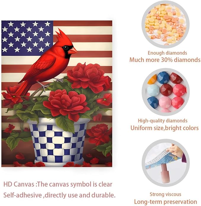 GUAIEUW Flowerpot Red Bird Flag Diamond Painting Kit for Adults, Full Round Diamond Cardinal Bird 5D Diamond Painting DIY Art Crafts for Winter Home Wall Decor Holiday Gift 12x18 Inch