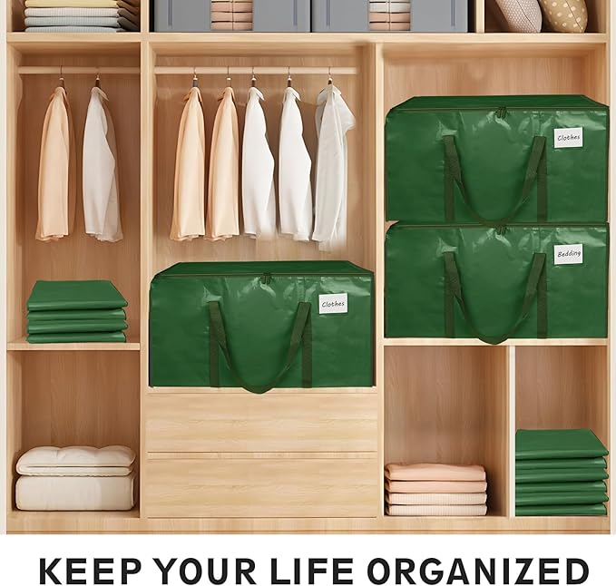 12 Pack-Extra Large Heavy Duty Moving Bags - Waterproof Storage Totes with Handles & Zippers, Foldable for College Dorm, Storage (olive green)