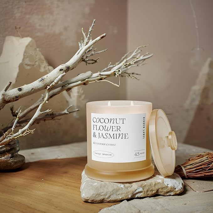 Hidden Label Coconut Flower & Jasmine Scented Candle | 2 Wick Large Candles for Home Scented 13oz 75Hour Long Lasting Slow Burning | Aromatherapy Candle for Home Decor, Stress Relief & Relaxation