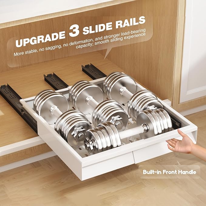 2 Pack Pull Out Cabinet Organizer With Raising Pad for Framed Cabinets,Expandable Width (11"-16") and Depth (13"-17"),3 Slide Rails Slide Out Drawers with Handle,No-Drill Roll Out Shelf,White