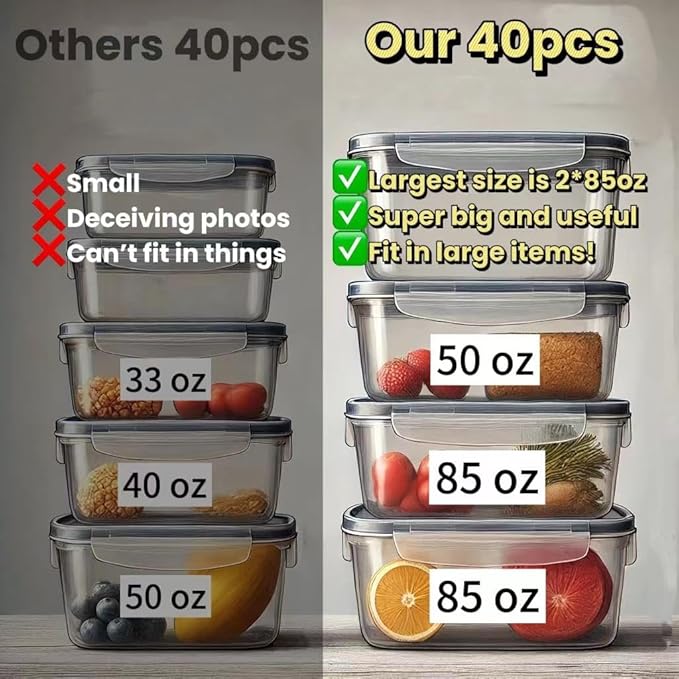 AISOON 40 Pcs 85oz Food Storage Containers with Lids, Airtight BPA-Free Leakproof Reusable Kitchen Containers, Freezer Safe Meal Prep & Pantry Organizer Set, Microwave & Dishwasher Safe