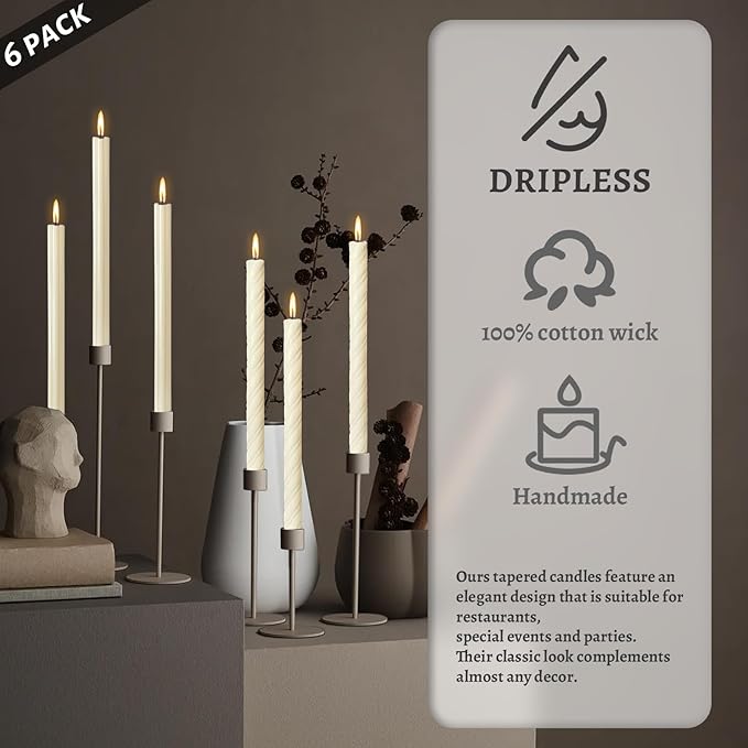 Dripless Unscented Ivory Yellow Spiral Taper Candles Smokeless Long Lasting Burn 10 Inch Elegant Roman Column Candlesticks for Home Décor Holiday Gift,Set of 6