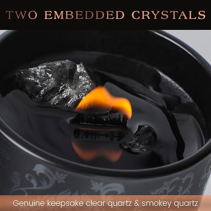 Black Orchid & Pine Moss Scented Crystal Candle - Luxury Manifestation Candle with Smoky Quartz and Clear Quartz Crystals - 7.4oz Natural Soy, Coconut & Beeswax, Wood Wick