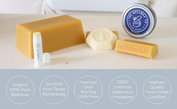 The Beeswax Co Pure Texas Beeswax Block - Ultra Clean - Naturally Filtered & Honey Scented - Premium Food Grade Yellow Bees Wax for Candles, Butcher Blocks, Etc - Organic Bee Wax Bars - 5lb