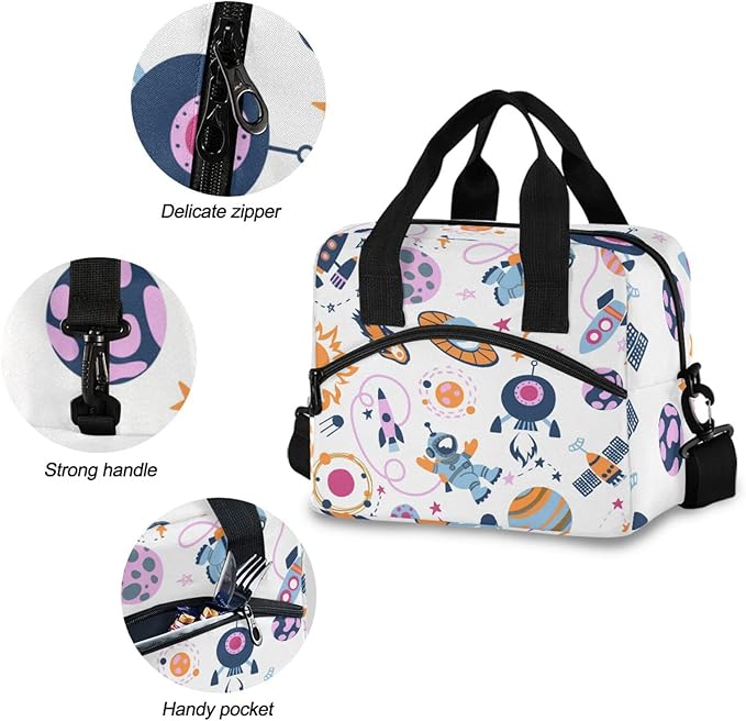 CBBYY Space Rocket Planets Star Astronaut Lunch Bags for Women Men, Reusable Insulated Lunch Box, Adjustable Shoulder Straps Tote Lunch Bag for Work Picnic School