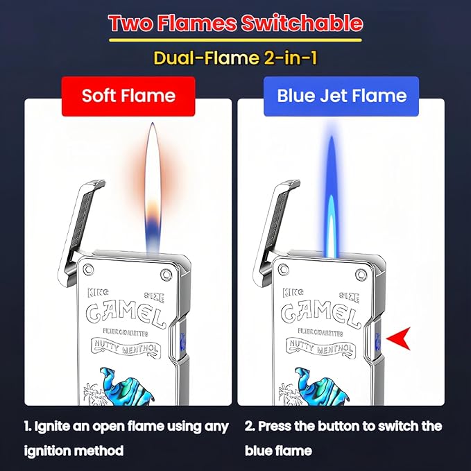 Smart Butane Lighter with 5 Ignition Methods, Voice-Activated Dual Flame Lighter with Windproof Blue Torch and Soft Flame Options, Rechargeable and Refillable Lighters (Without Fuel) (Brass)