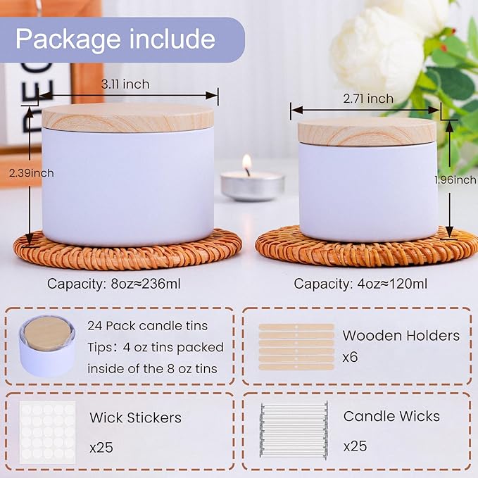 CONNOO 24-Pack Candle Tins - 12x 8oz & 12x 4oz Matte White Containers with Wick Kit and Wood Lids, for Candle Making, Storage, and Gifting