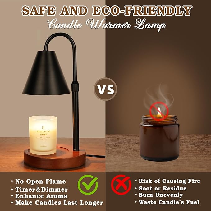 Candle Warmer Lamp with Timer Dimmable,Mothers Day Birthday Gifts for Women Mom, Adiustable Height Modern Candle Warmer Black Candle Lamp for Jar Candle, Home Decor Vintage Wax Warmer with 2 Bulbs