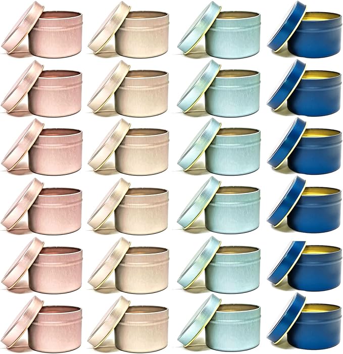 Unixing 24Pcs 4oz Candle Tins for DIY Candle, Metal Candle Container Tins for Candle Making Dark Blue Light Blue Champagne Rose Gold Container Tins