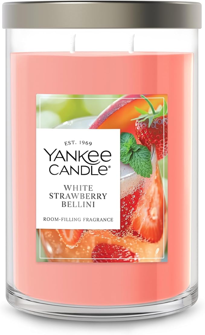 Yankee Candle Large Tumbler Scented Candle with up to 80 Hour Burn Time, Premium Plant Wax Blend for Consistent Burn, 20 oz Tumbler Candle with Room Filling Fragrance, White Strawberry Bellini