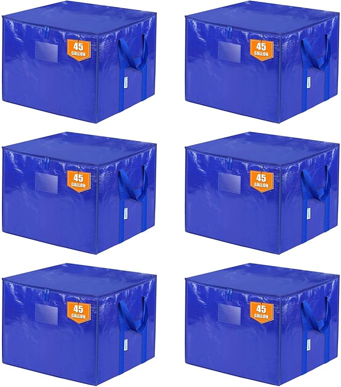 TICONN 6 Pack Extra Large Moving Bags with Zippers & Carrying Handles, Heavy-Duty Storage Tote Moving Boxes for Space Saving (6 PK, 45 Gallon)
